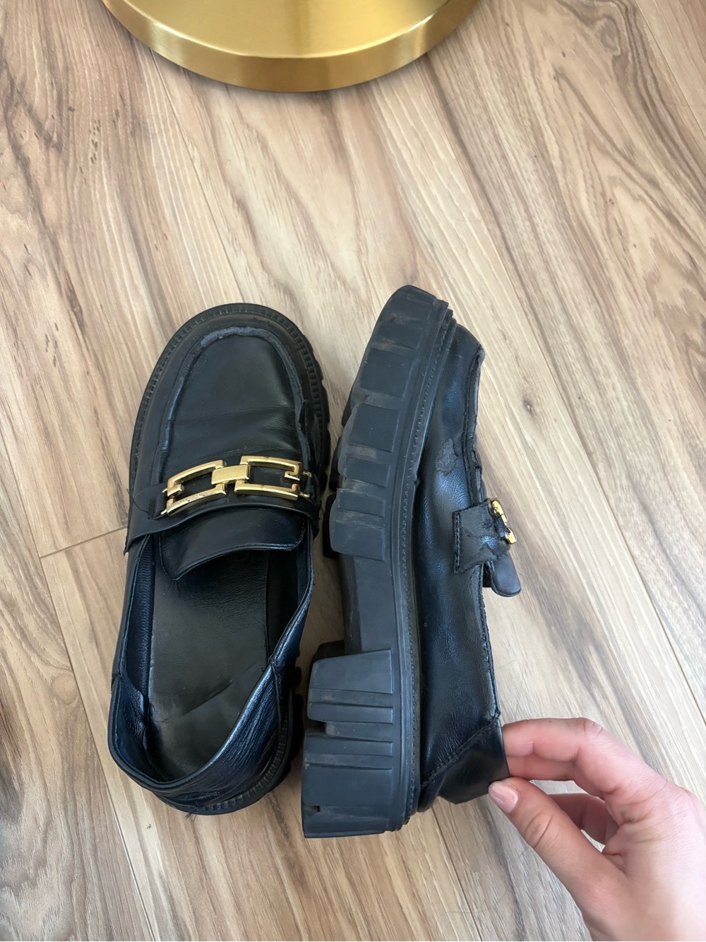 Black Leather Men's Chunky Loafer with Gold Hardware